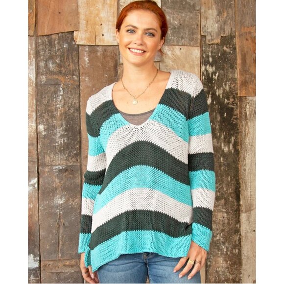 Wooden Ships Kenzie Blue Striped Open Knit Sweater M Sustainable Coastal Nautica - Picture 1 of 10